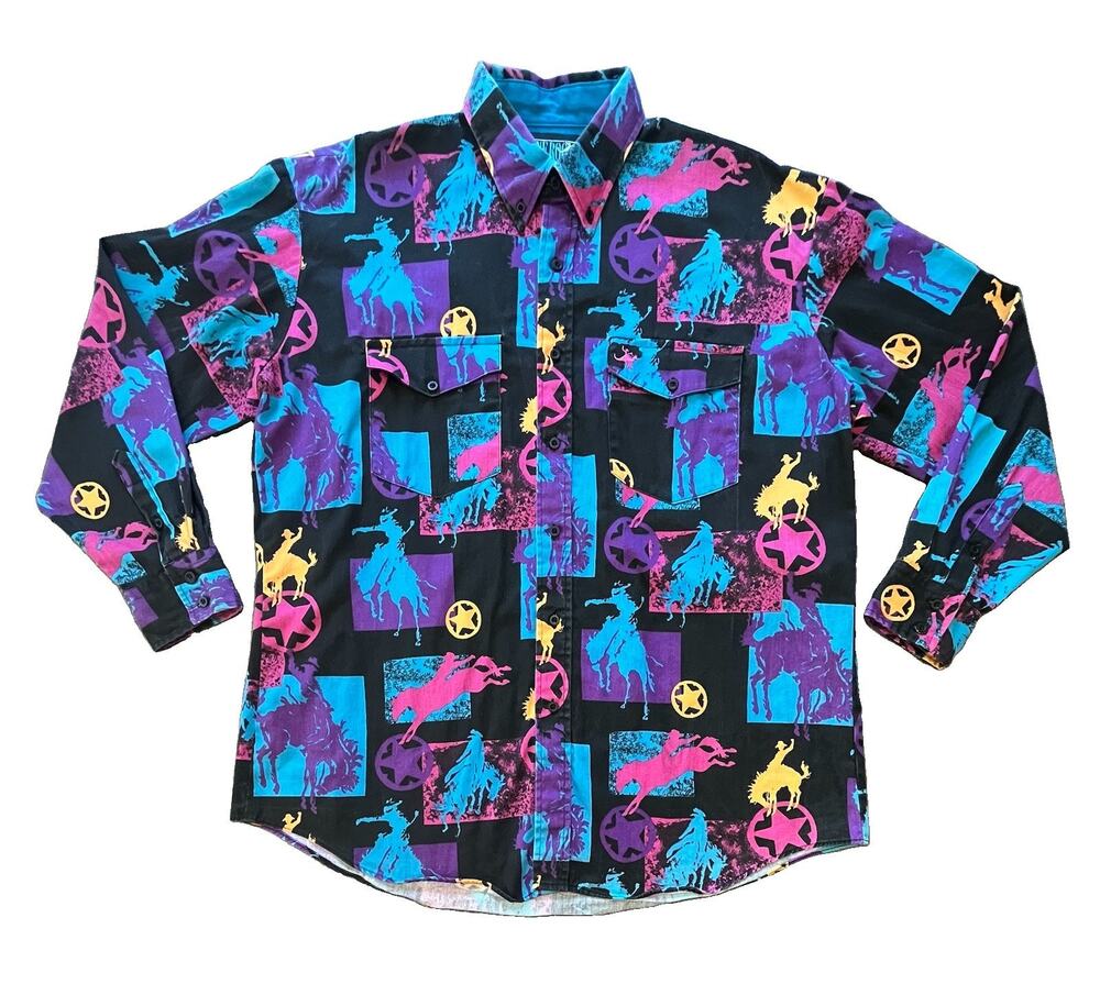 Vintage Lone Roo Roper Men’s Long Sleeve Western Rodeo Horse Button Up Shirt XL